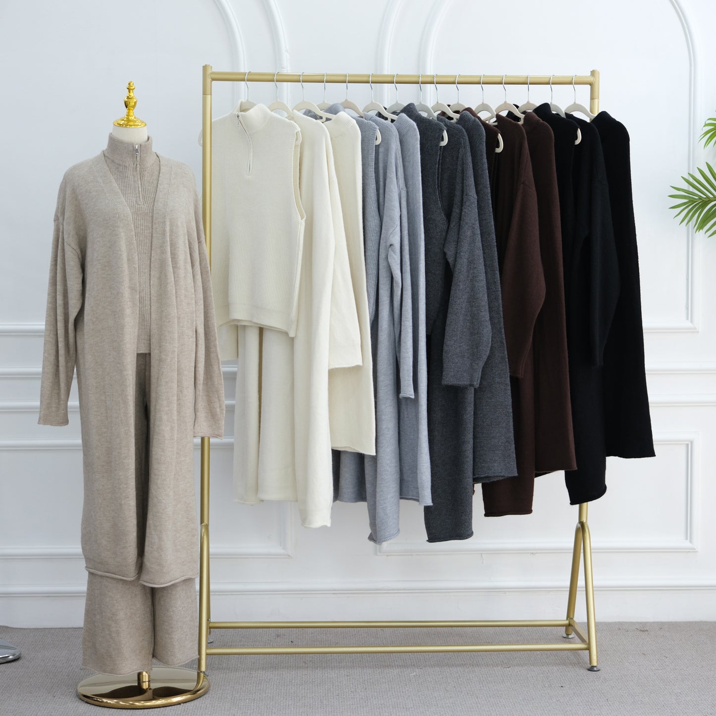 HS6603 Thickened knitted three-piece long coat set (with optional headscarf)
