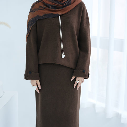 HS6601 Autumn and Winter Thickened Knitted Suit Solid Color Two-piece Skirt Suit (optional Headscarf)
