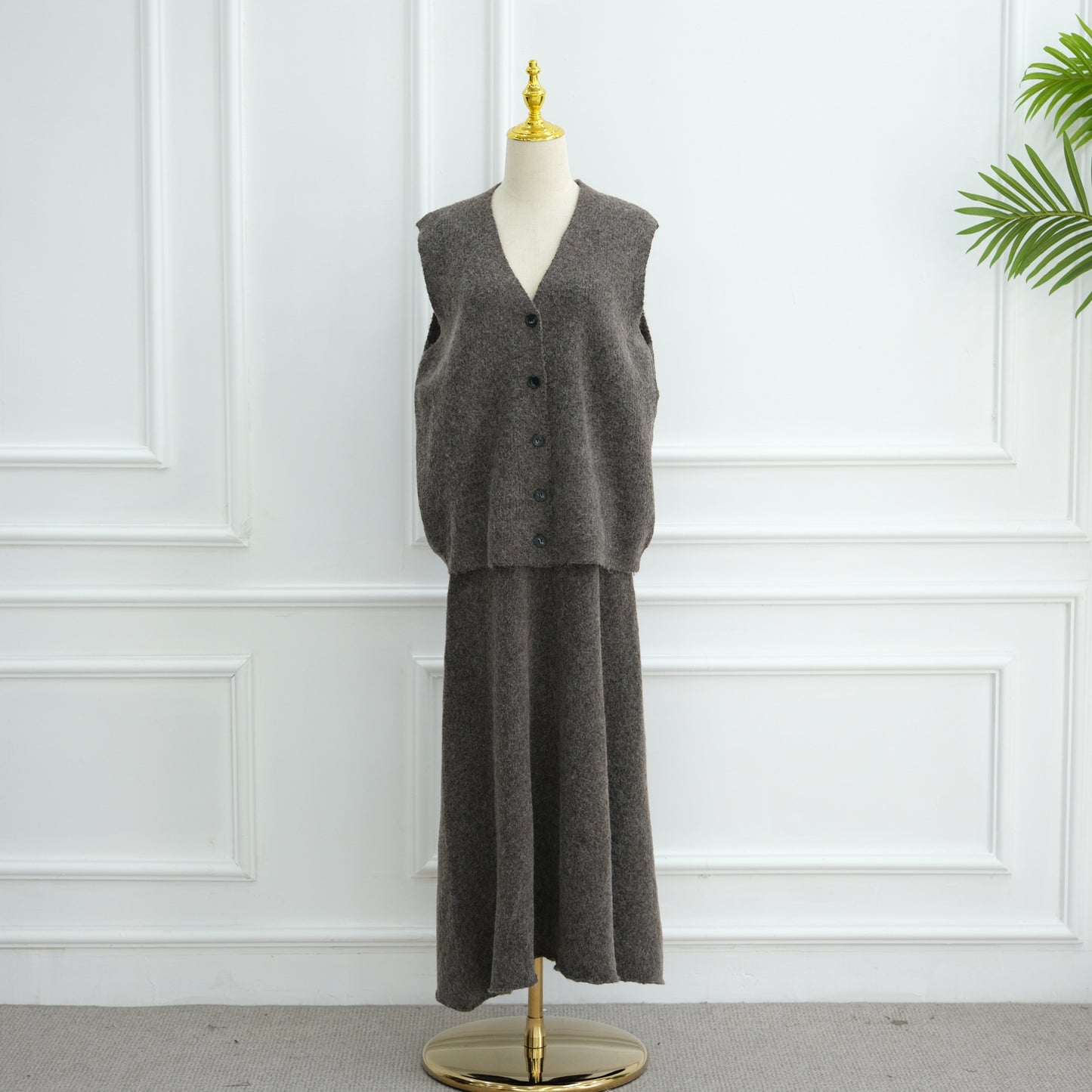 HS6596 Autumn and winter thickened knitted three-piece suit (excluding headscarf) vest + cardigan + skirt