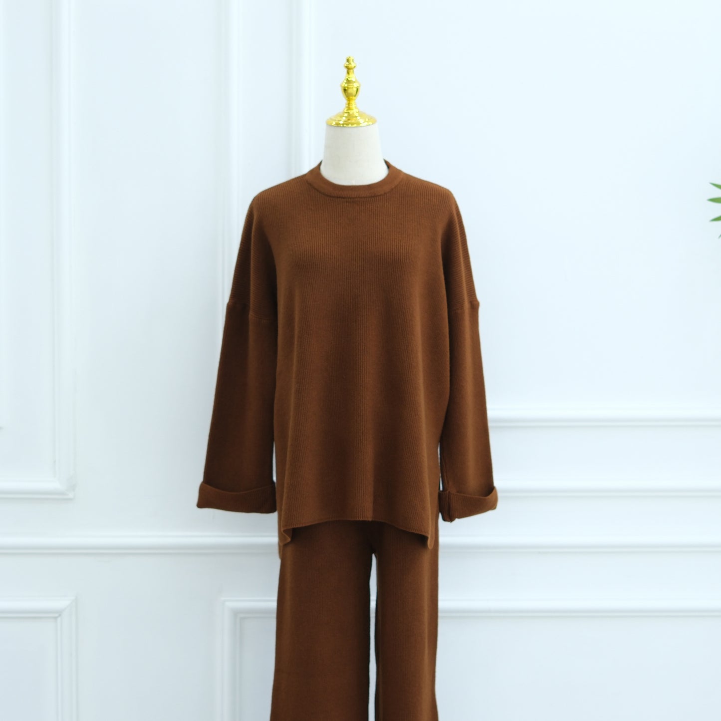 HS6599 Autumn and Winter Thickened Knitted Suit Solid Color Two-piece Suit (excluding Headscarf) Top + Trousers