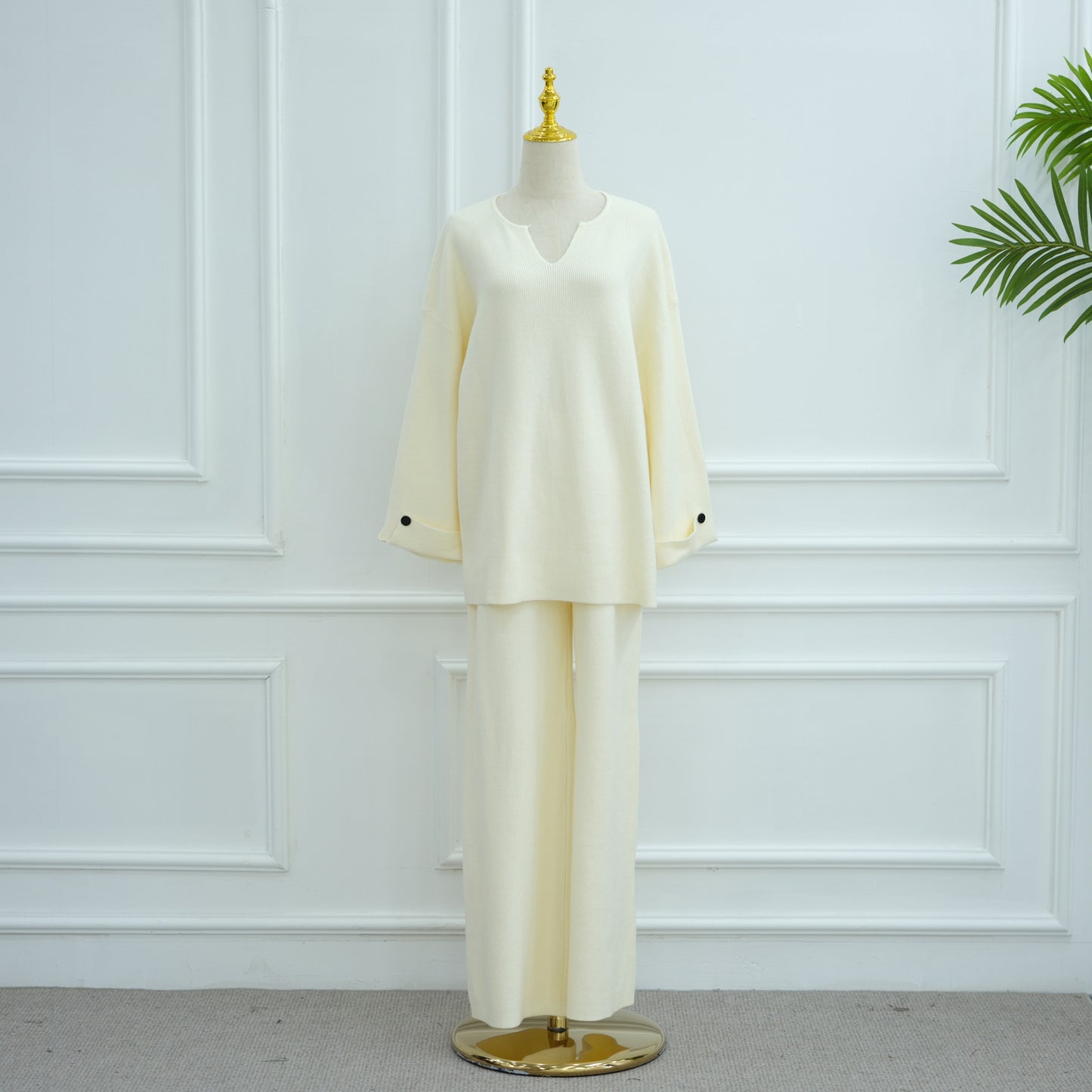 HS6600 Autumn and winter thickened knitted suit solid color two-piece suit (headscarf not included) cuff button design