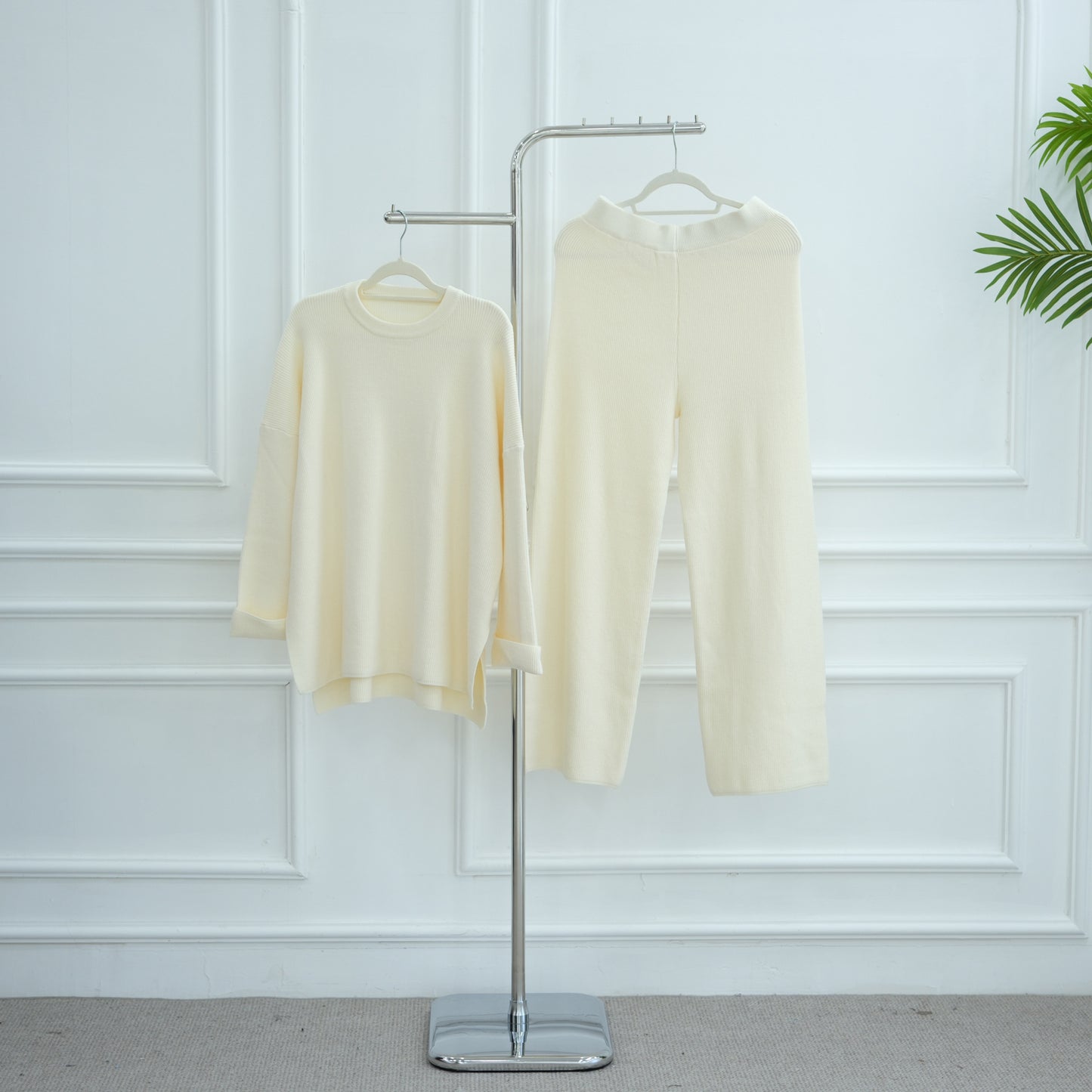 HS6599 Autumn and Winter Thickened Knitted Suit Solid Color Two-piece Suit (excluding Headscarf) Top + Trousers