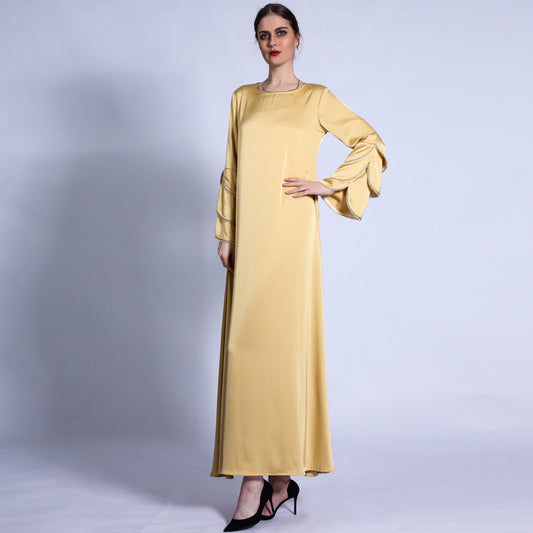 فستان HS0431 غير اللامع بذيل السمكة وأكمام بثلاث طبقات وخرز لامع على شكل حرف A وفستان طويل متأرجح كبير للنساء
