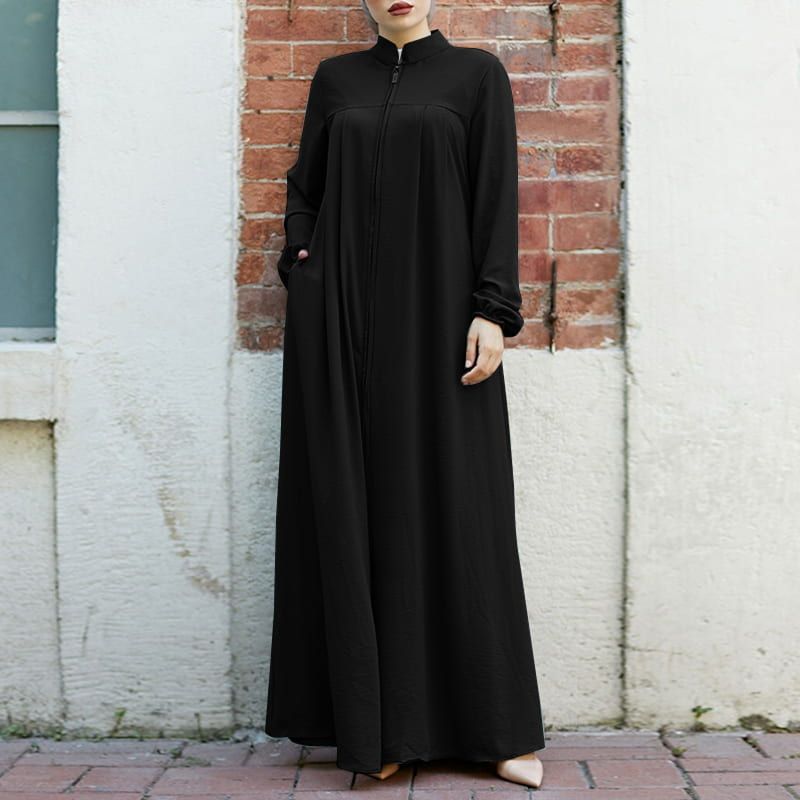 HASASERIES HS0552 Muslim style Arabic style stand-up collar zipper pockets Abaya casual dresses