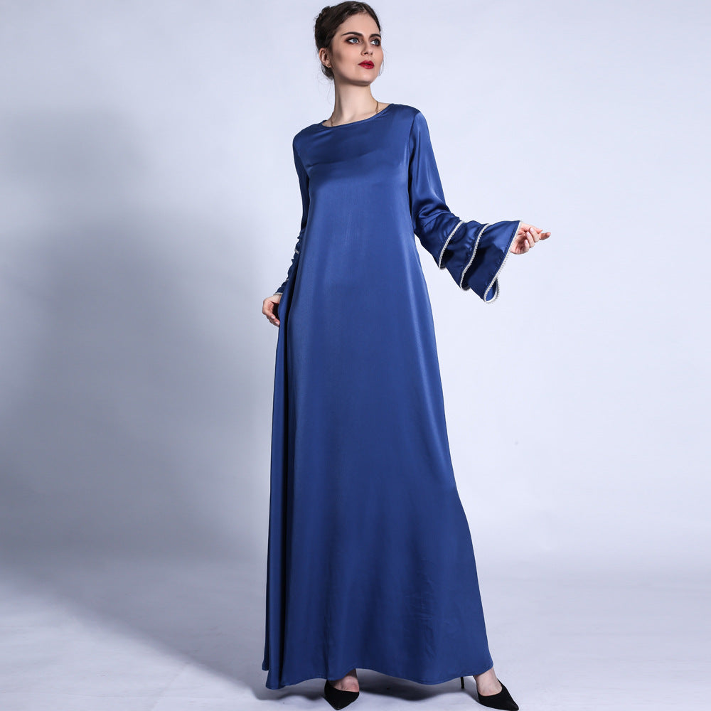 فستان HS0431 غير اللامع بذيل السمكة وأكمام بثلاث طبقات وخرز لامع على شكل حرف A وفستان طويل متأرجح كبير للنساء