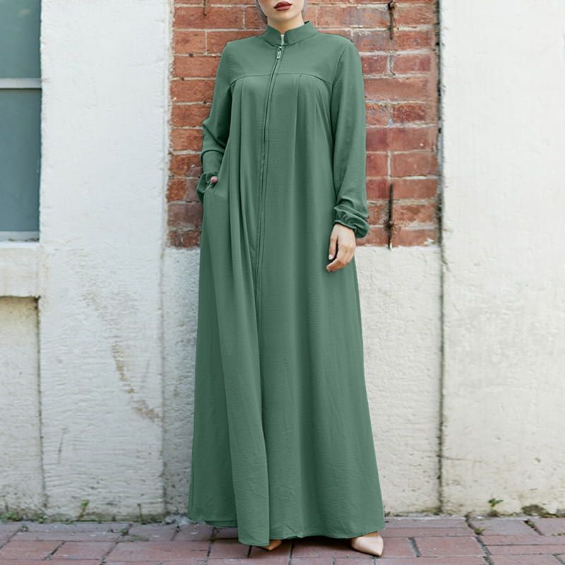 HASASERIES HS0552 Muslim style Arabic style stand-up collar zipper pockets Abaya casual dresses