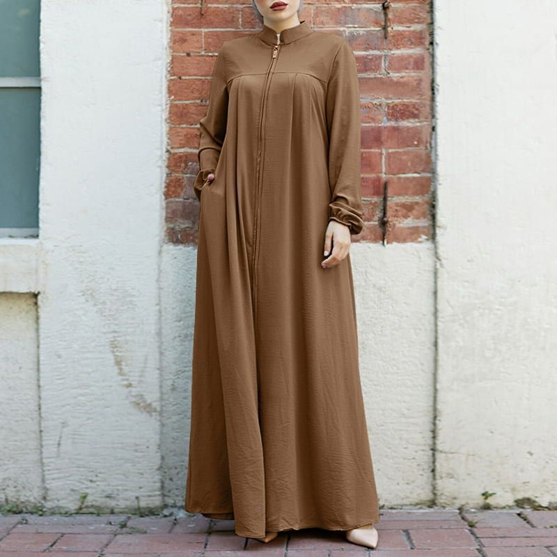 HASASERIES HS0552 Muslim style Arabic style stand-up collar zipper pockets Abaya casual dresses