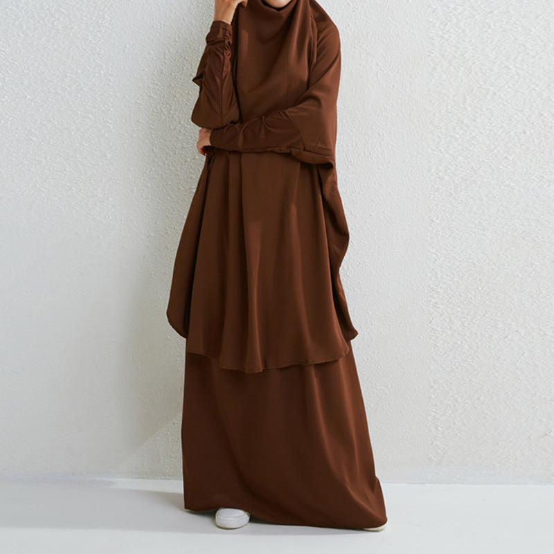 HS0430 Two-Piece Set jilbab Solid Color Swing Top and Skirt