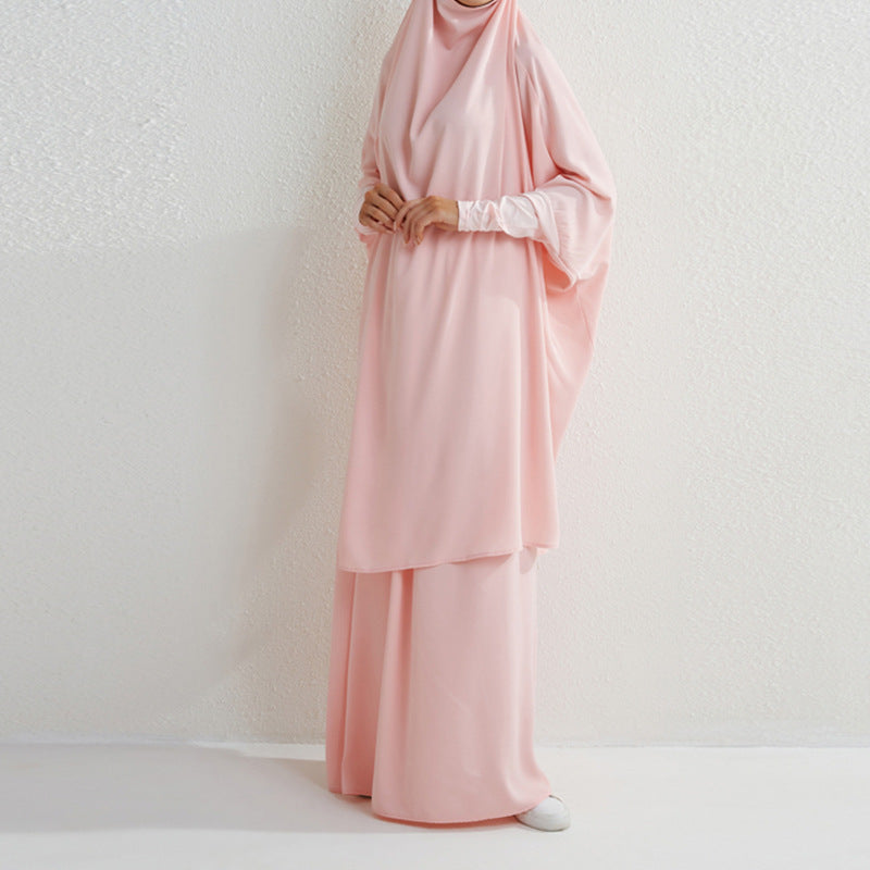 HS0430 Two-Piece Set jilbab Solid Color Swing Top and Skirt