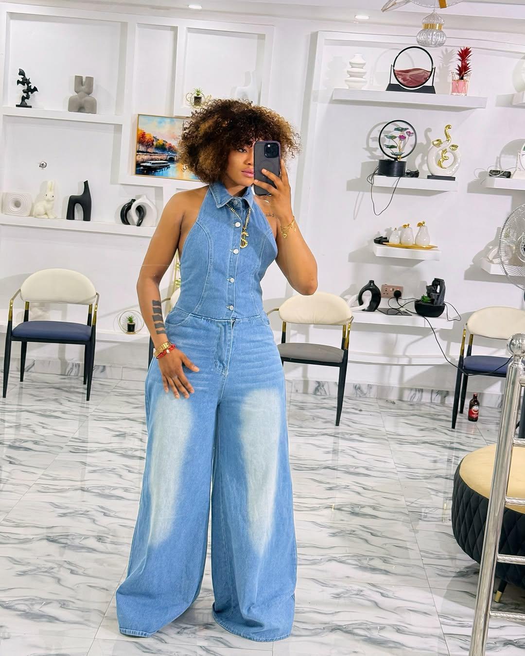 HS6354 Lapel Collar Single-breasted Backless Denim Jumpsuit