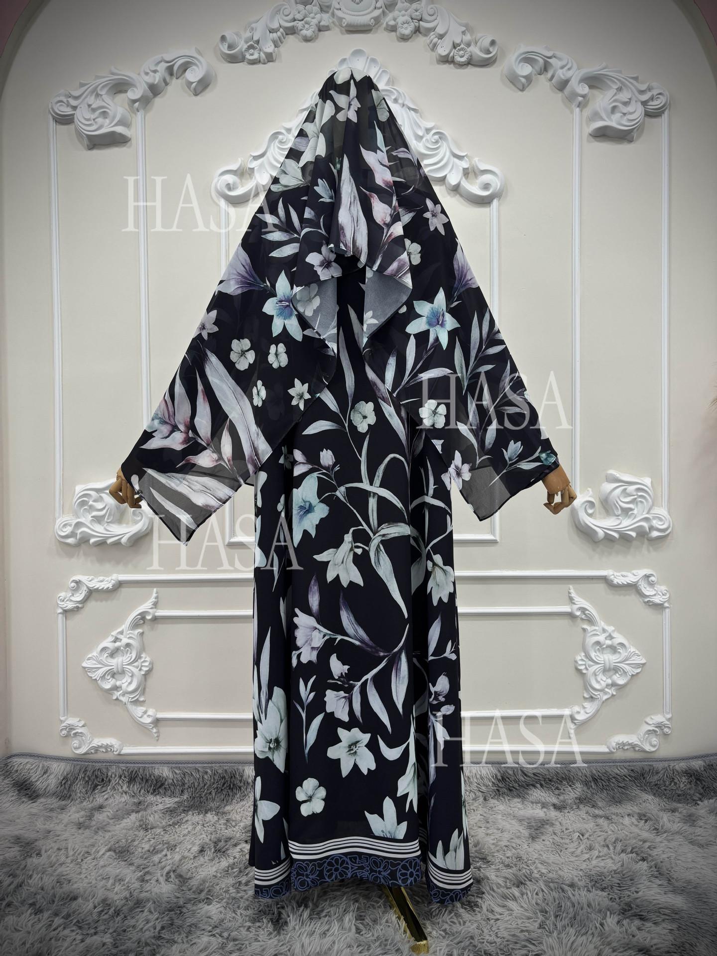 HASA HS6810 Luxury Floral Open Front Abaya Set