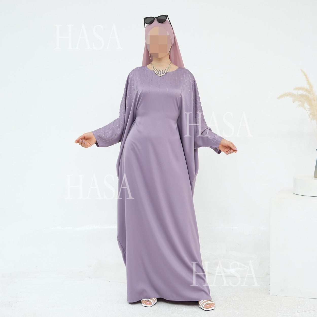 HS6610 Rhinestone-embellished long Abaya dress (headscarf not included)