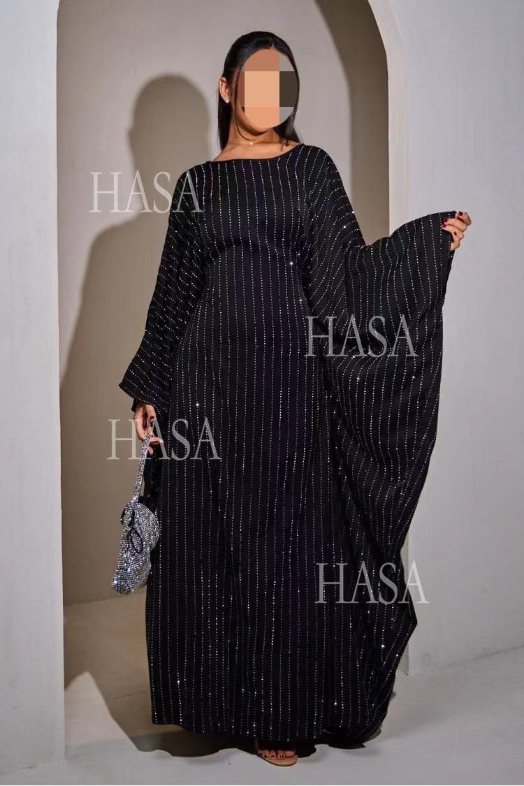 HS6483 Drape Rhinestone Gown with Simple Wide Sleeves