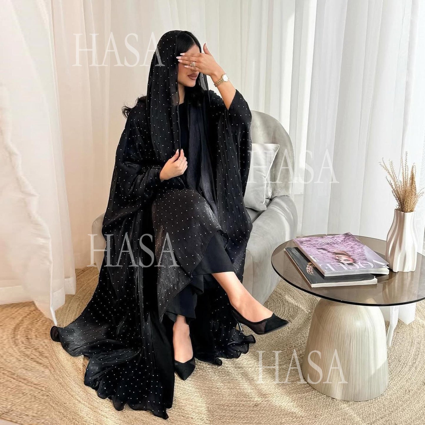 HS6493 Lightweight Ice Flower Ruffle Textured Rhinestone Robe Three-Piece Set