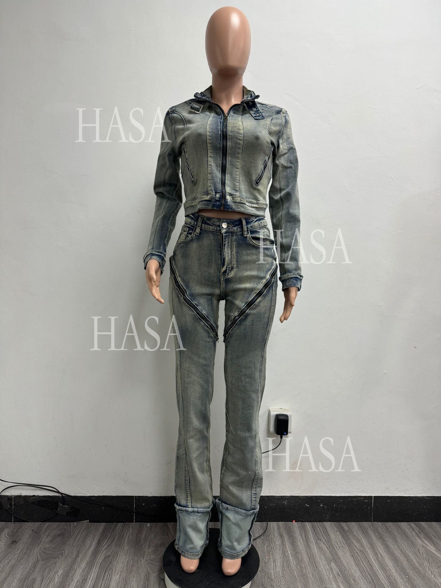 HASA HS6291 Statement Washed Denim Two Piece Outfit with Zip Jacket Detail