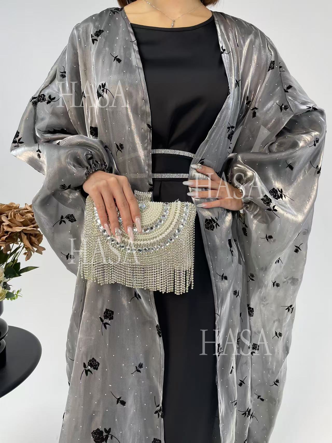 HS6536 Elegant Rose Pattern Abaya Outer Dress Set