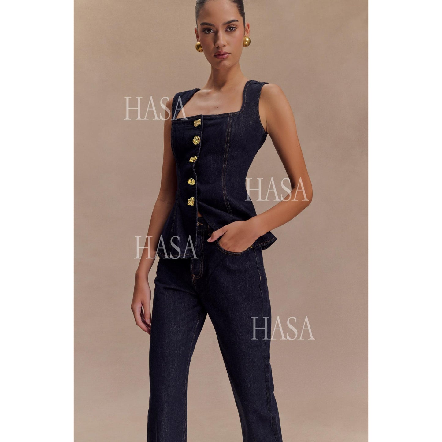 HASA HS6253 Trendy Structured Denim Co Ord Set with Gold Button Detail