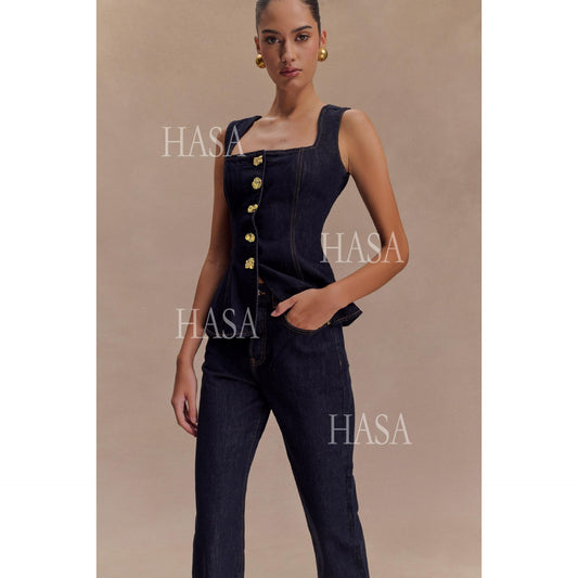 HASA HS6253 Trendy Structured Denim Co Ord Set with Gold Button Detail