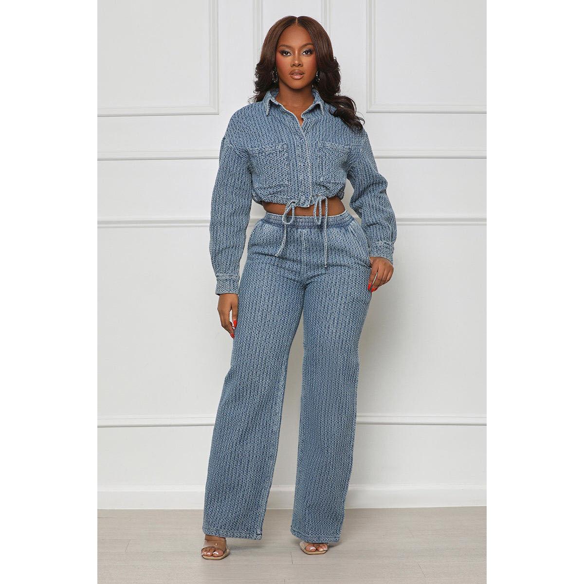 HS6303 Fashion, Long Sleeve Pants, Denim Women's Two-piece Set