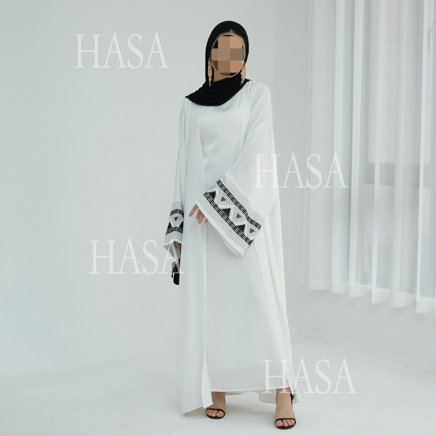 HASA's Series HS6506 Long Wide Sleeve Embroidered Robe Cardigan (No Headscarf)