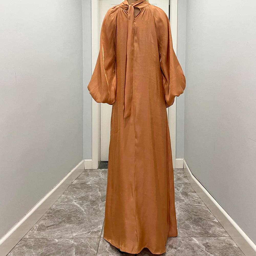 فستان حريري لامع طويل بأكمام واسعة من سلسلة HS10043 HASA، بياقة واقفة وربطة ظهر، فستان نسائي عباية