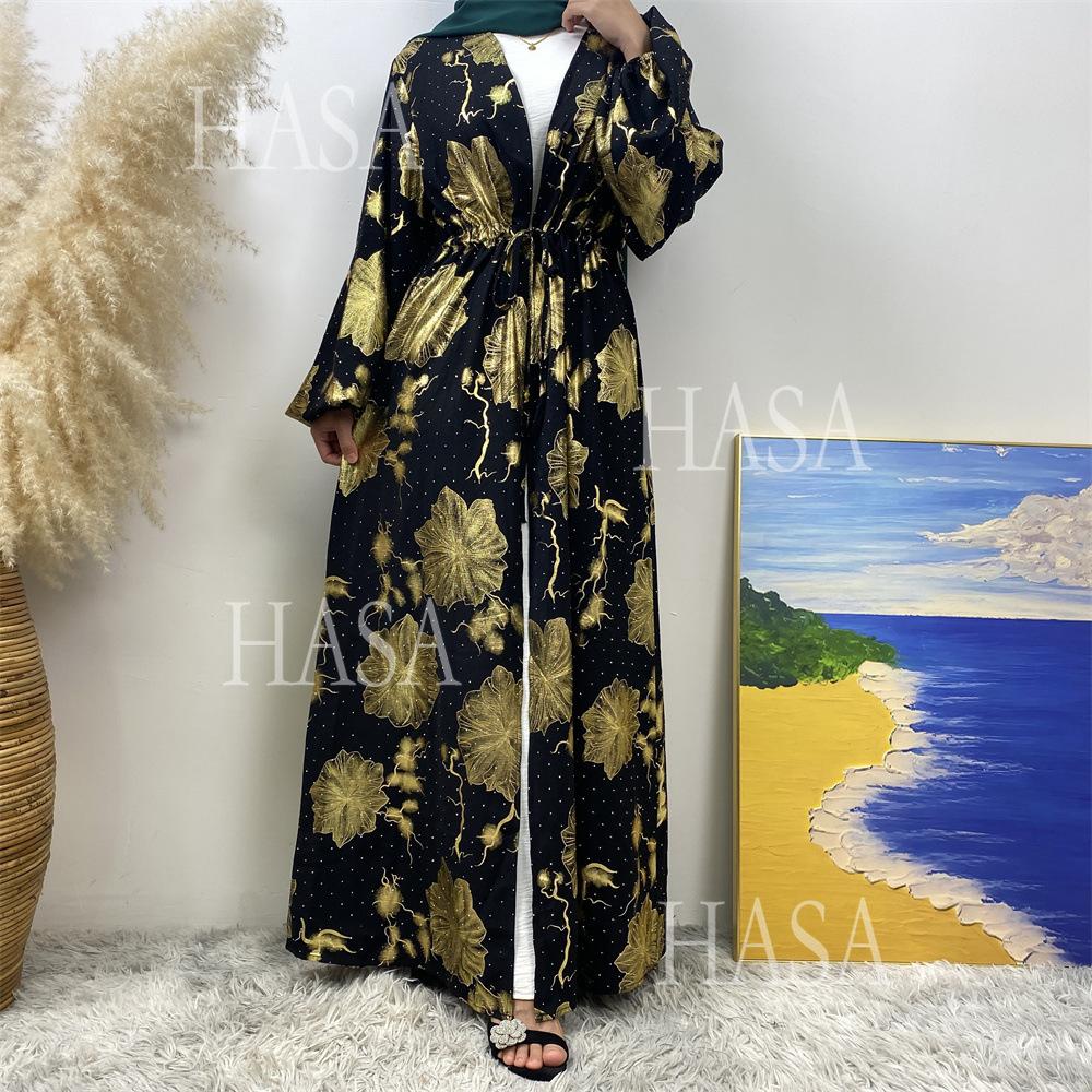 HS6589 Gold-stamped long cardigan with a flowing design
