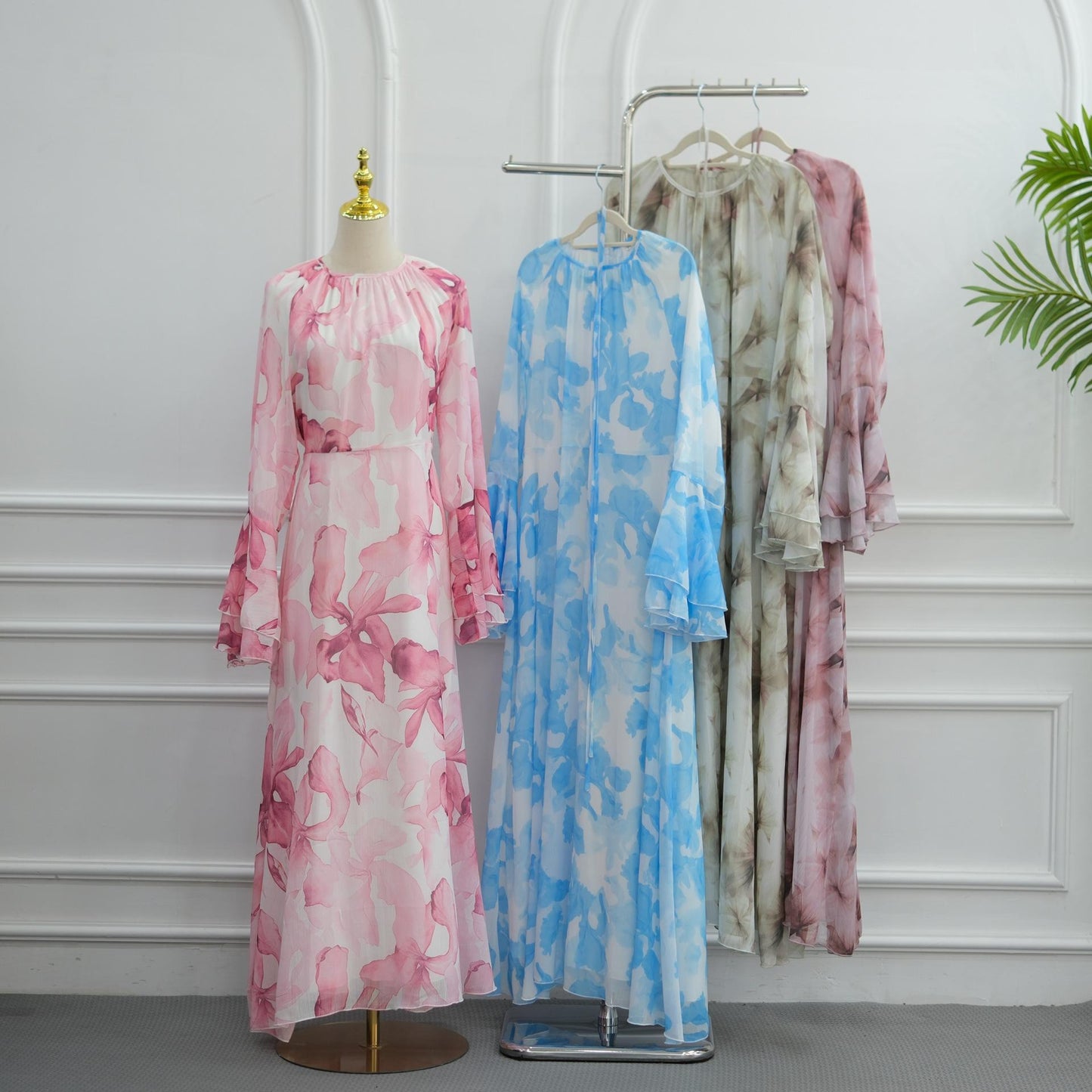 HASA HS6811 Chiffon Floral Maxi Dress Flare Ruffle Sleeve Elegant Long Dress for Women Daily Party Wear