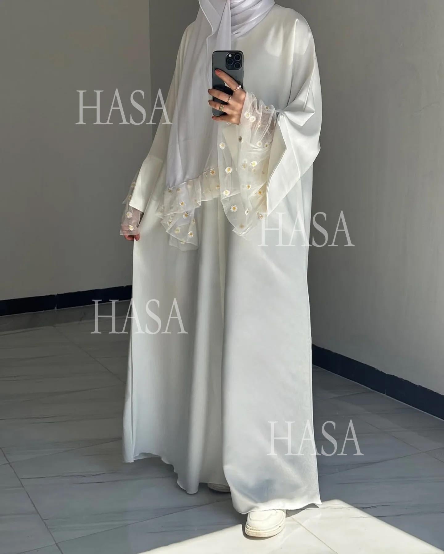 HS6564 Lace Daisy Embellished Long Dress Robe