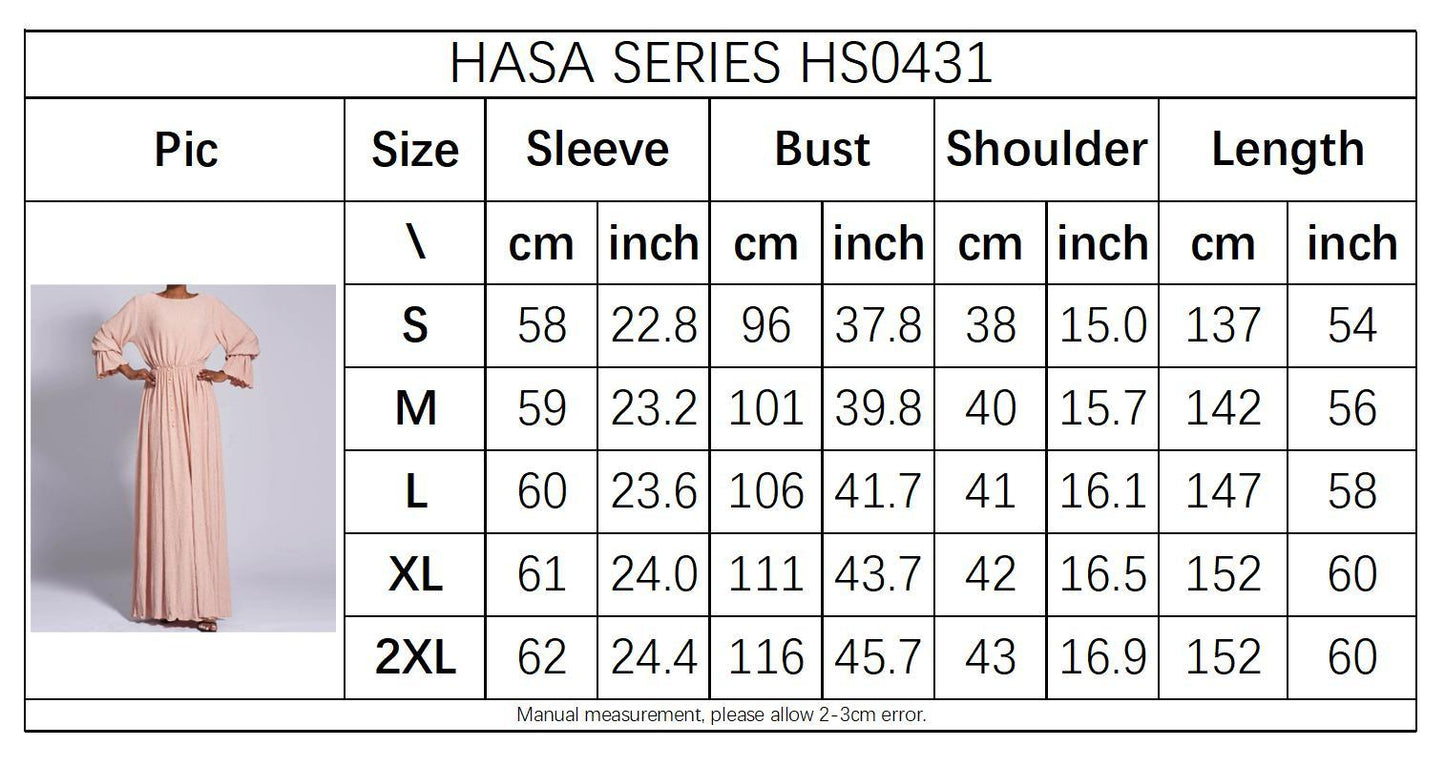HS0434 Robe longue froissée extensible pour femmes musulmanes, couleur unie, manches cloches