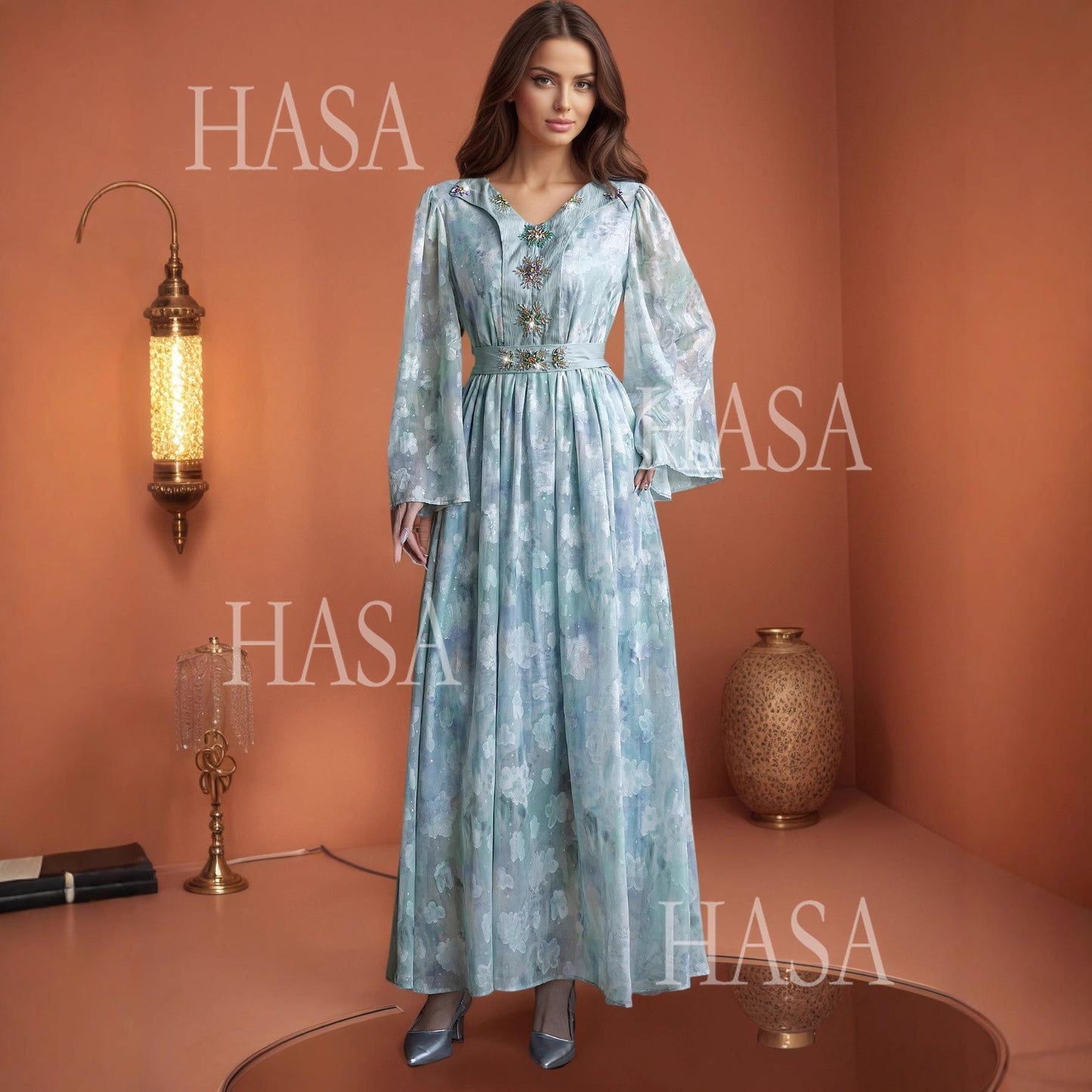 HASA HS6776 Soft Blue Occasion Maxi Dress