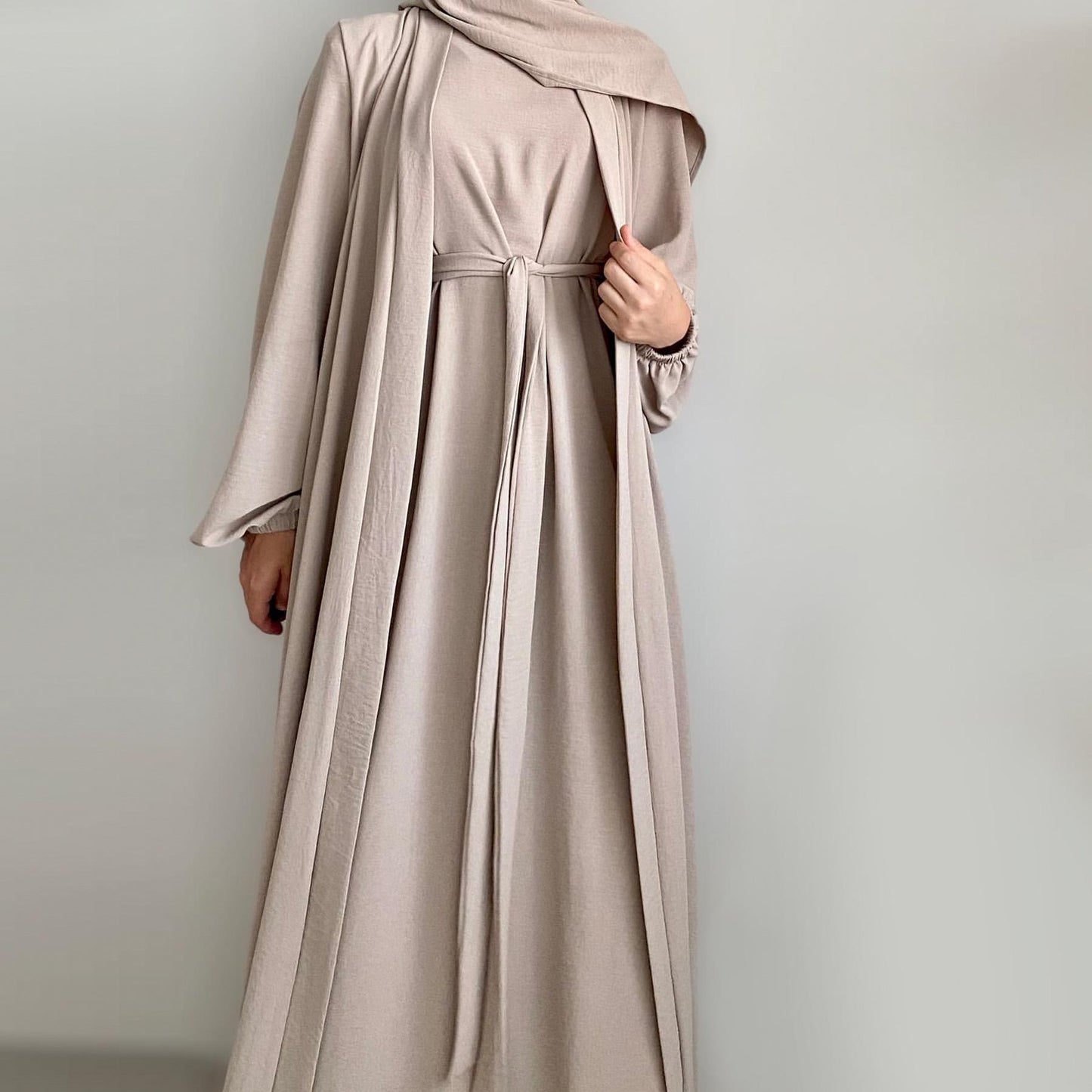 HASASERIES HS0995 3pcs Cardigan+without  Sleeves Inner Dress+Hijab