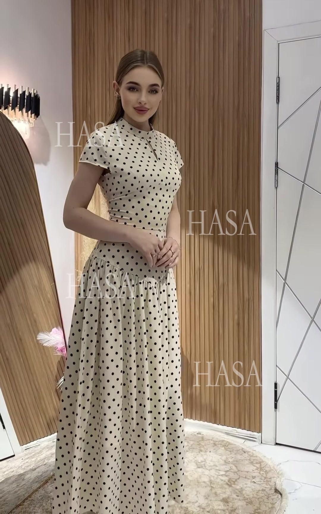 HS6740 Chic Polka Dot Long Dress High Neck Short Sleeve Waisted Maxi Dress