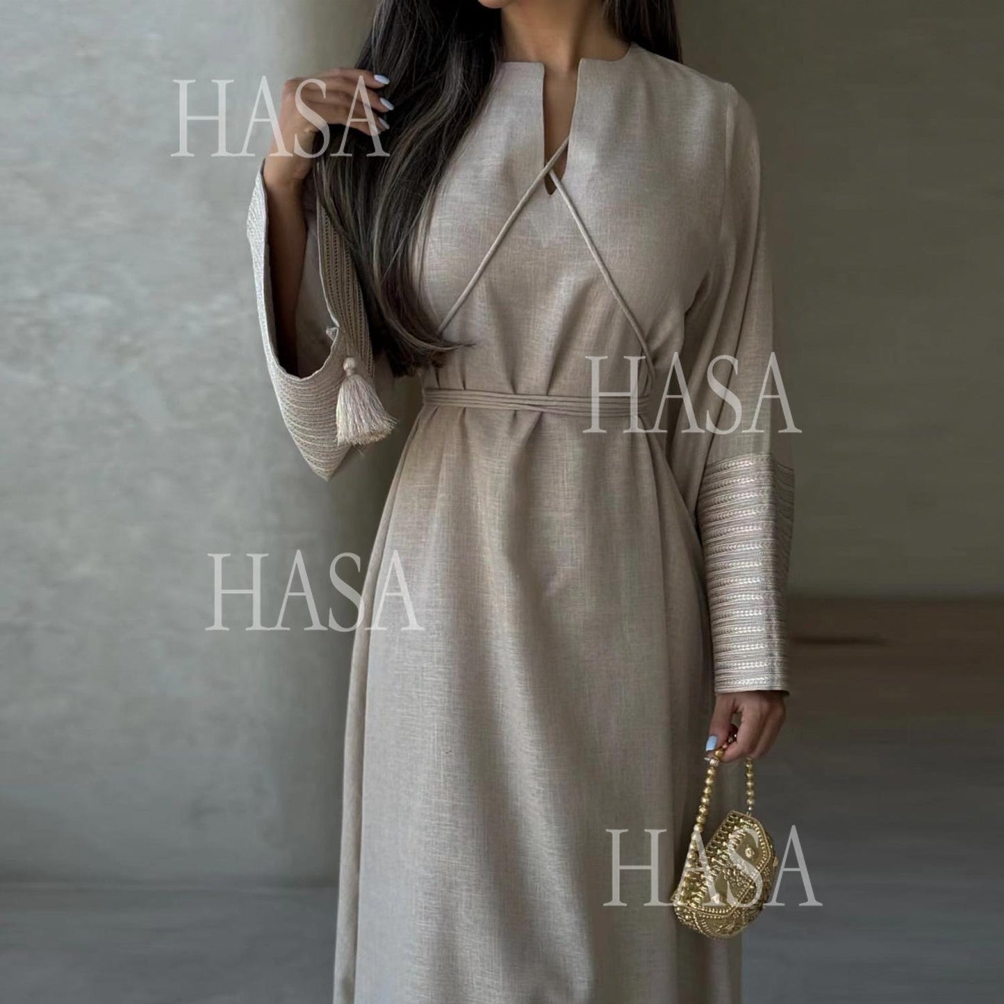 HS6490 Embroidered Panel Sleeve Long Dress
