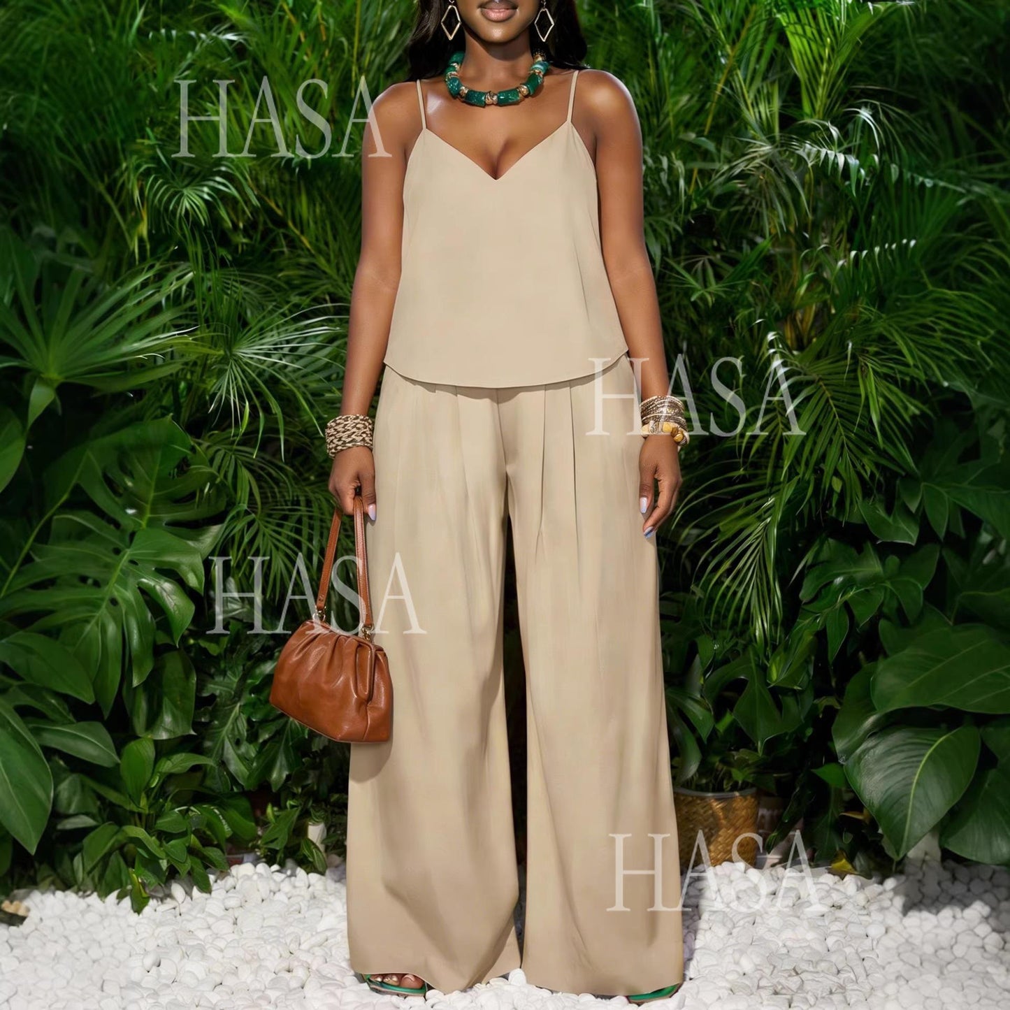 HASA HS6793 Soft Luxury Sleeveless Top and Flowy Pants Outfit