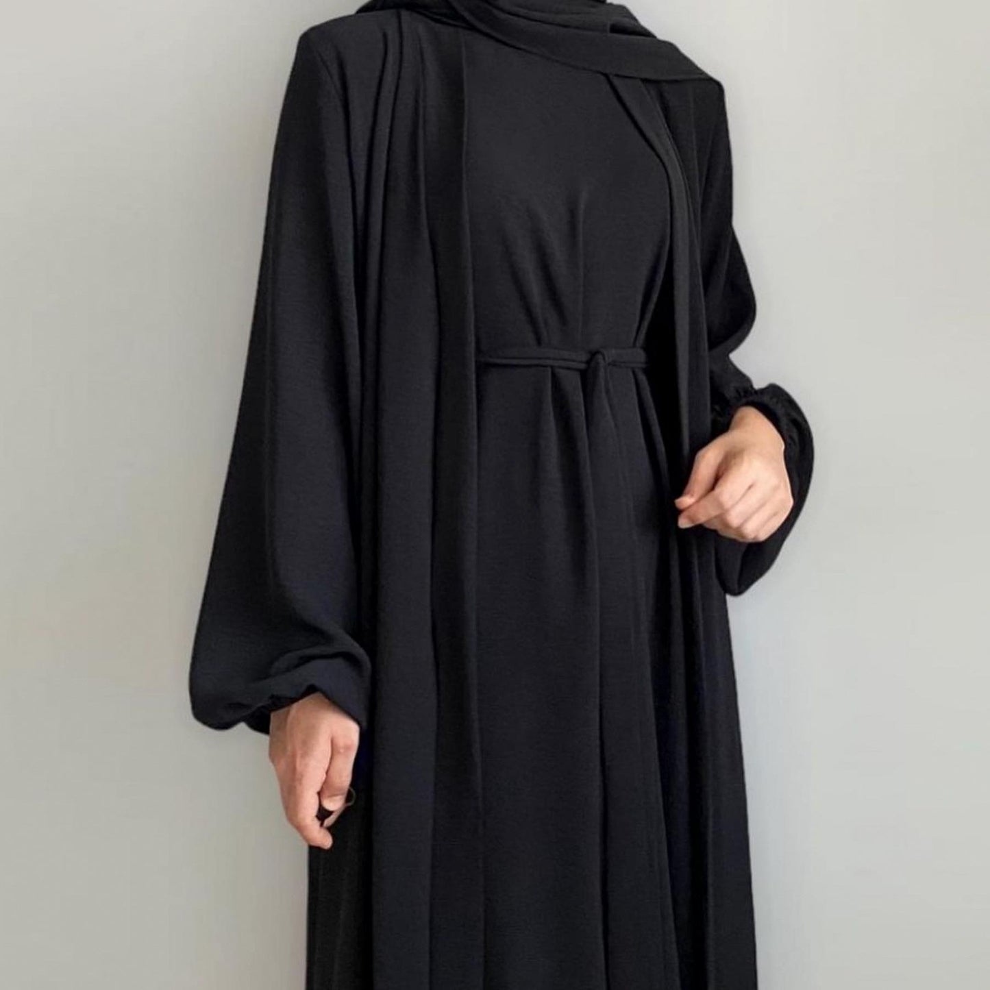 HASASERIES HS0995 3pcs Cardigan+without  Sleeves Inner Dress+Hijab