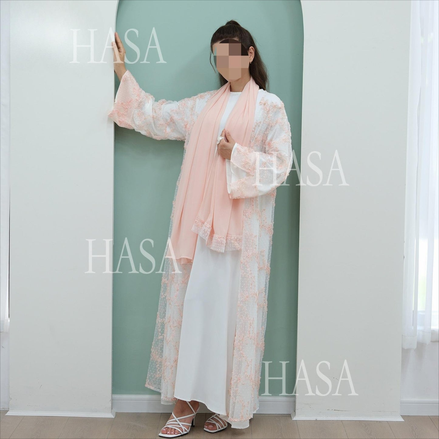 HS6622 3D flower mesh cardigan (optional headscarf and inner layer)