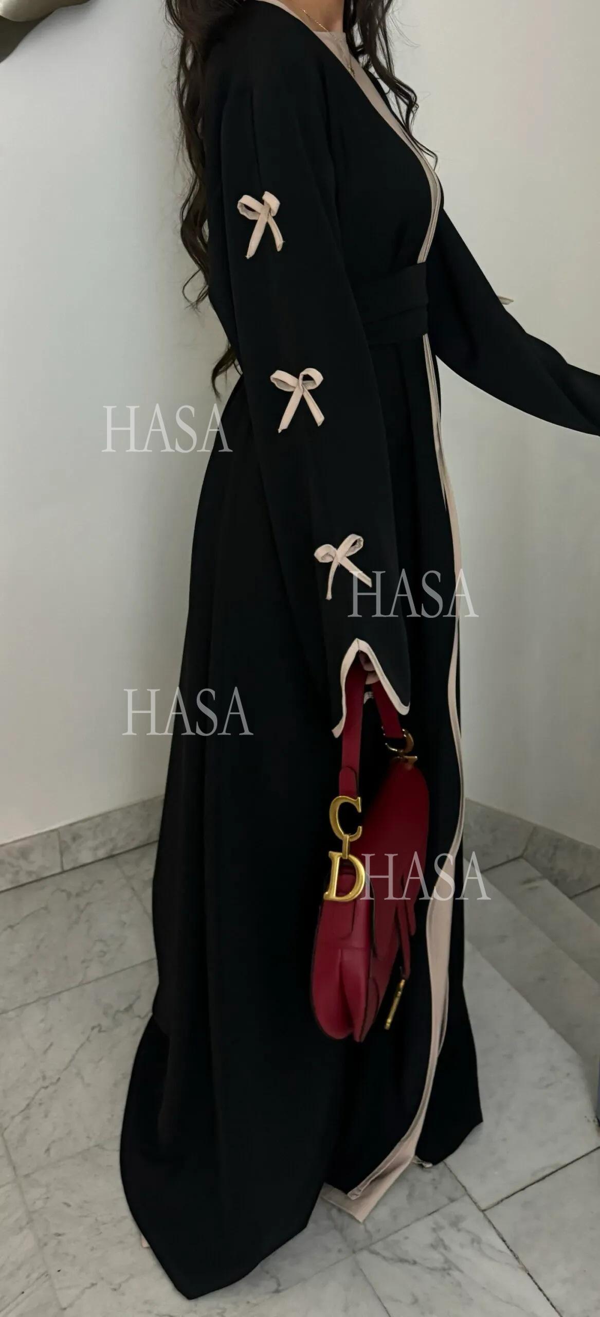 HS5883  A Two-piece Robe and Skirt Set with A Soft Bow and A Belt Design open abaya outfit