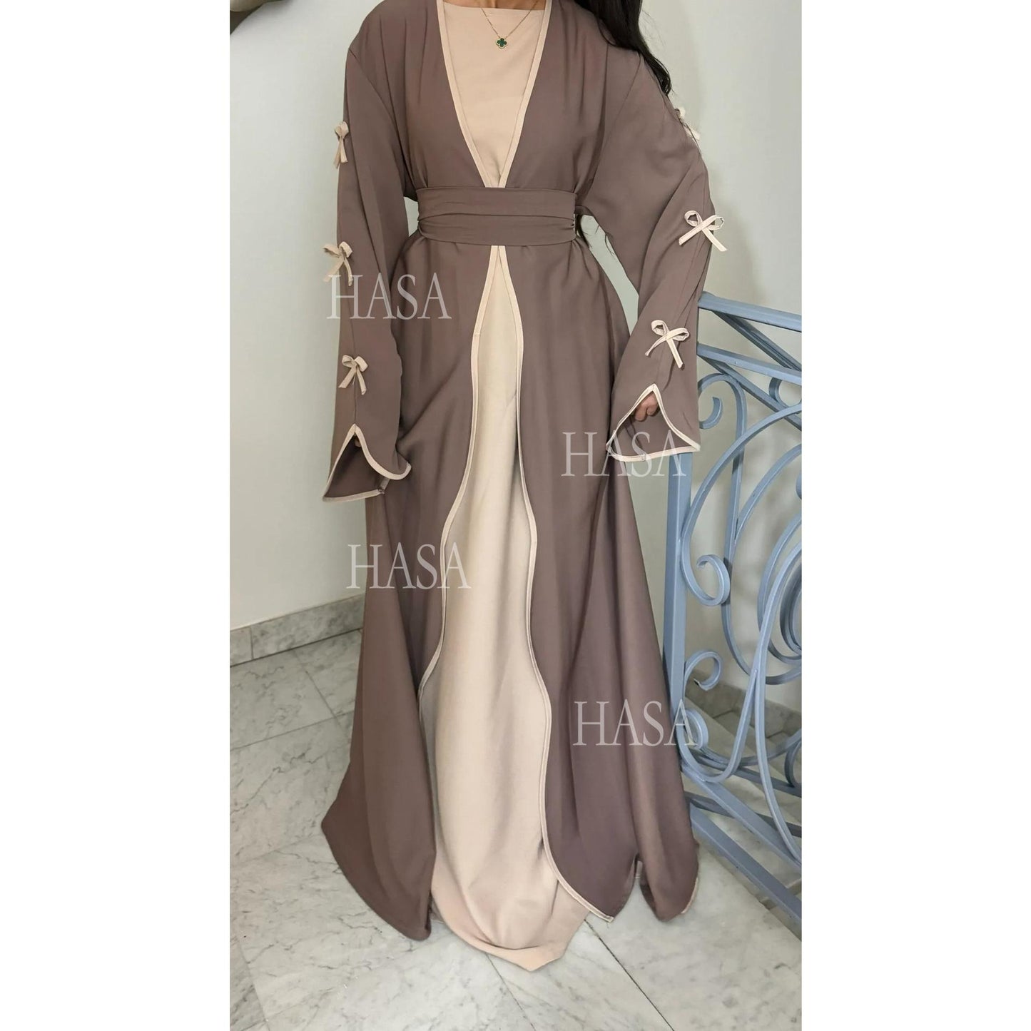 HS5862 Elegant Wavy-edge Bow Robe (with Belt) for A Feminine Look