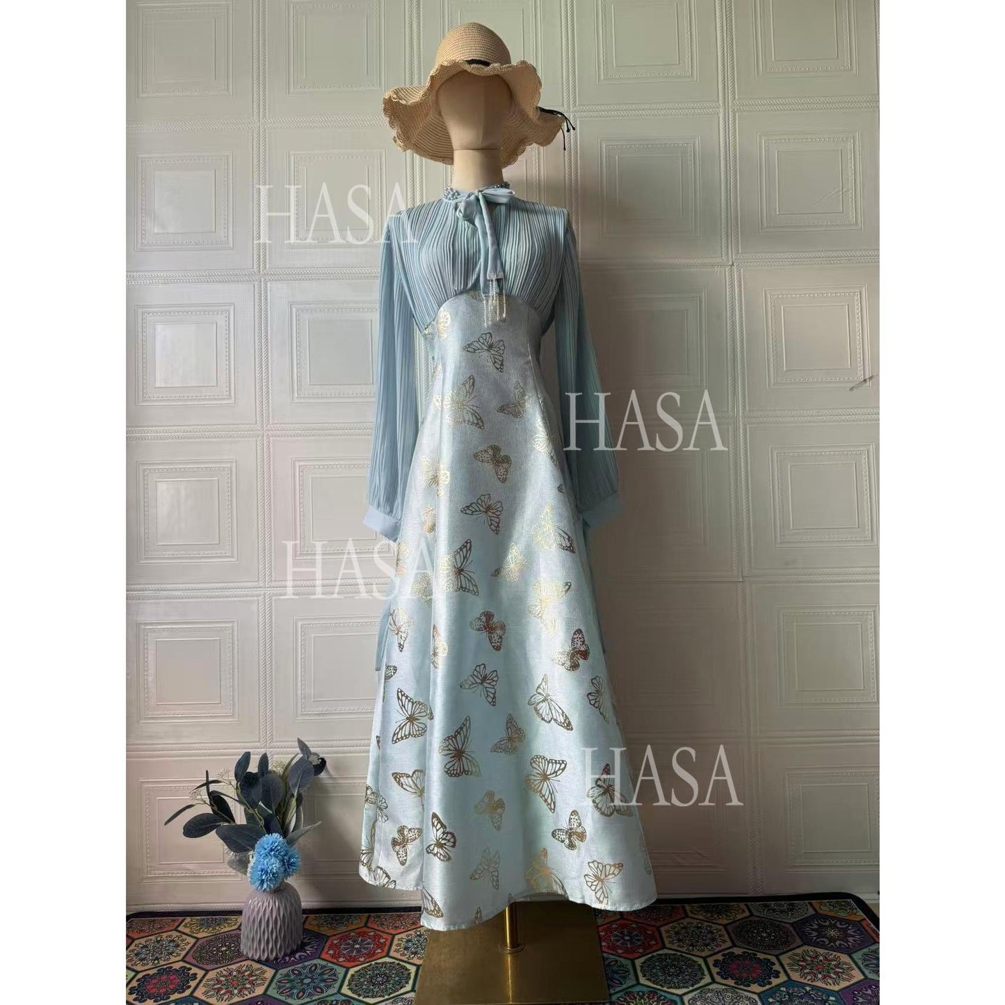 HS6734 Flowy Feminine Maxi Dress with Embroidered Butterfly Design