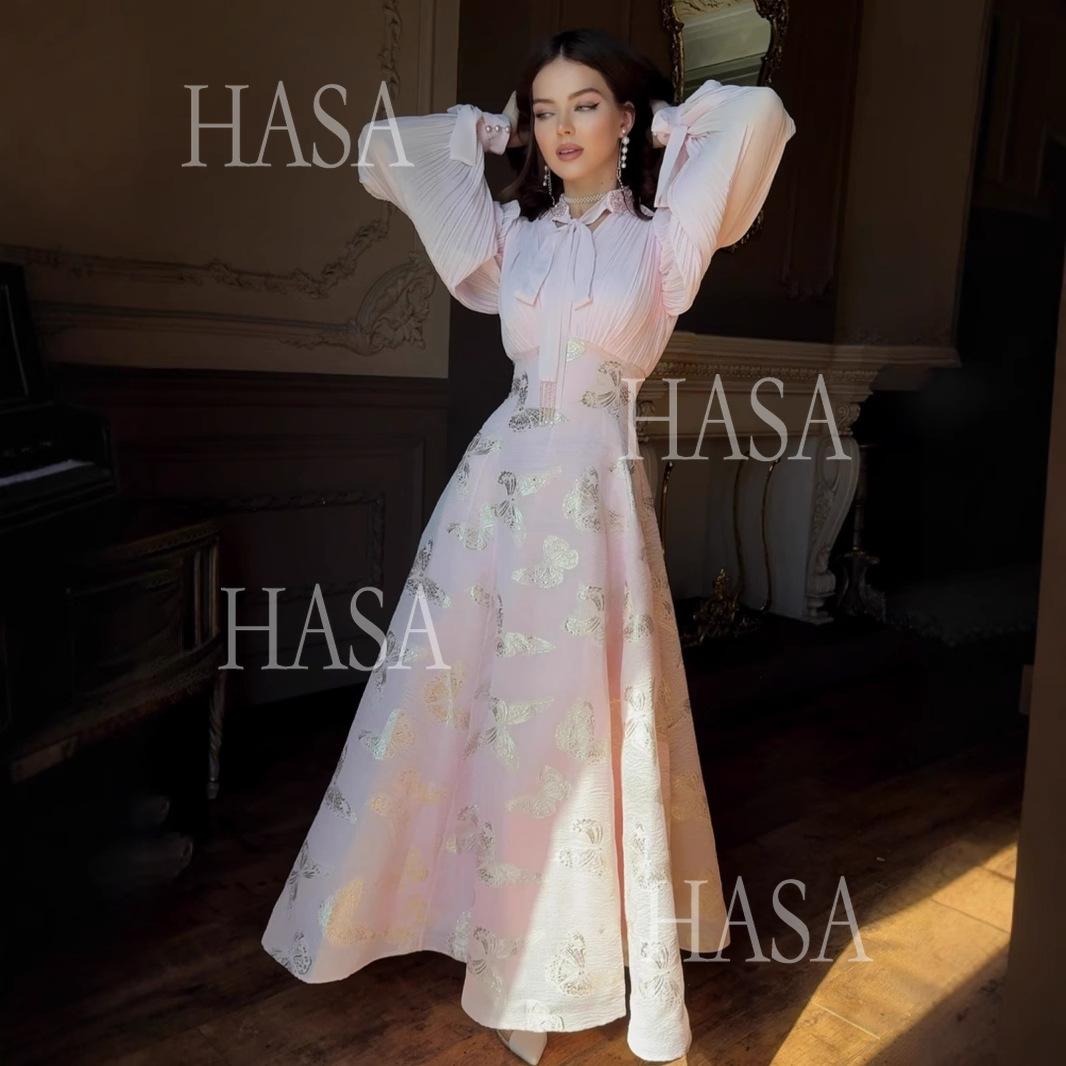 HS6734 Flowy Feminine Maxi Dress with Embroidered Butterfly Design