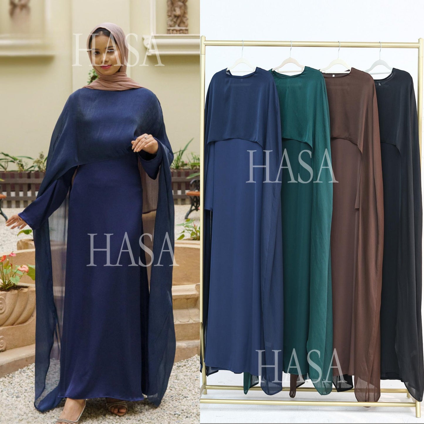 HS5870 Elegant drape two-piece robe dress-Light luxury street style abaya girl
