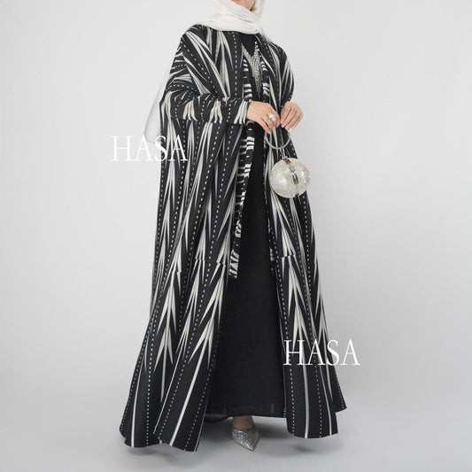 HS6161 Black and White Tribal-Inspired Pleated Abaya with Long Sleeves