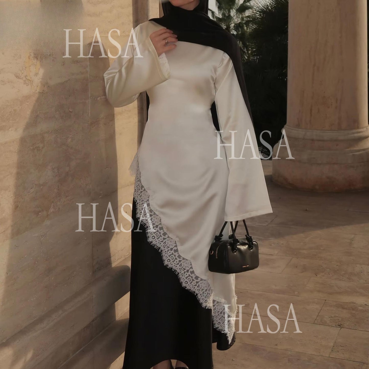 HASA HS6784 Soft Luxury Asymmetric Modest Top with Lace Detail