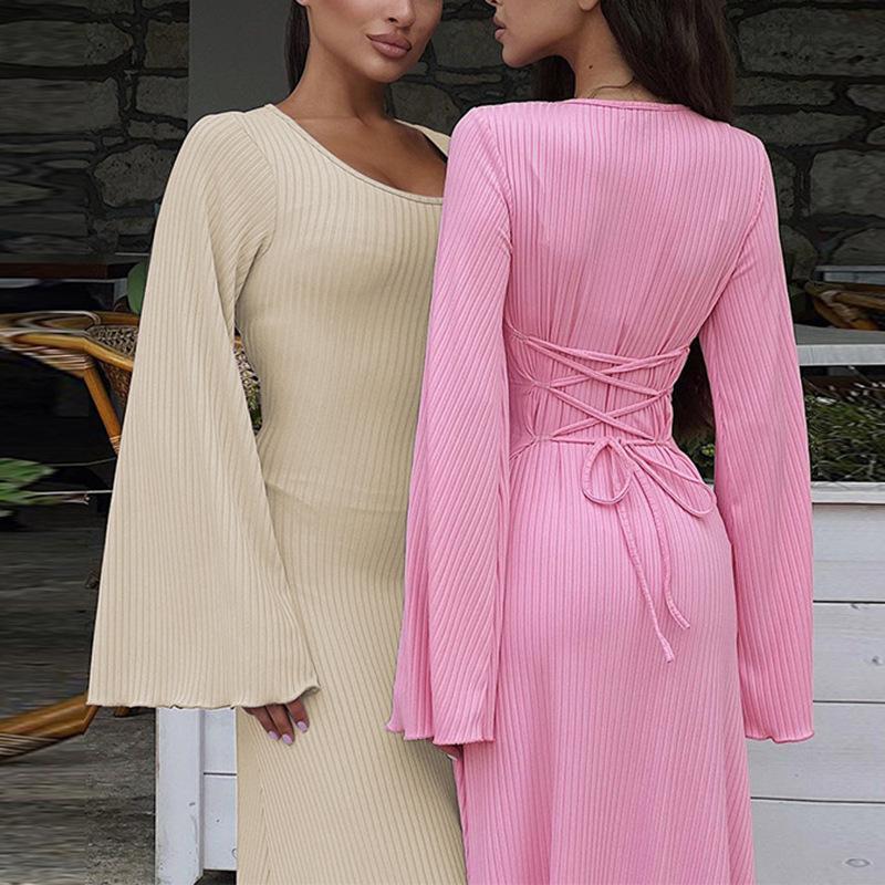 HASASERIES HS0676 Flared Long Sleeved High Waist Maxi Skirt with Lace-up Back