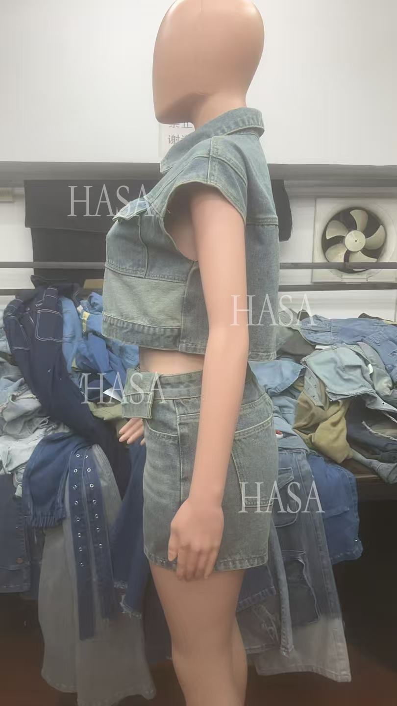 HASA HS6275 Cool Streetwear Denim Two Piece Shorts Set with Cropped Top