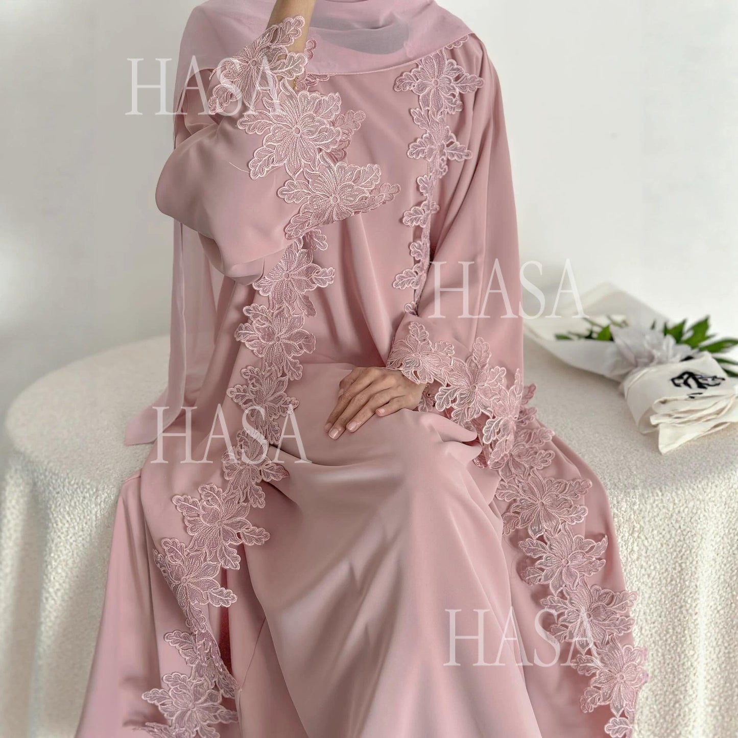 HASA HS6780 Chic Floral Embroidered Open Abaya Two Piece Outfit