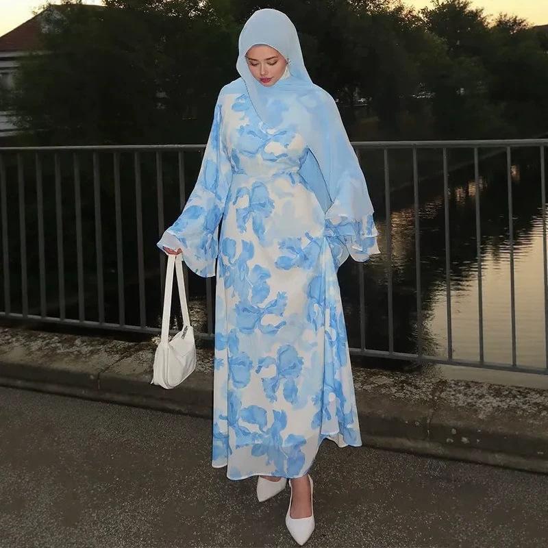 HASA HS6811 Chiffon Floral Maxi Dress Flare Ruffle Sleeve Elegant Long Dress for Women Daily Party Wear
