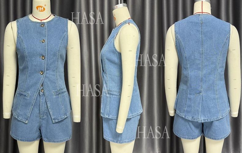 HASA HS6097 Women’s Button Front Denim Top with Matching Shorts