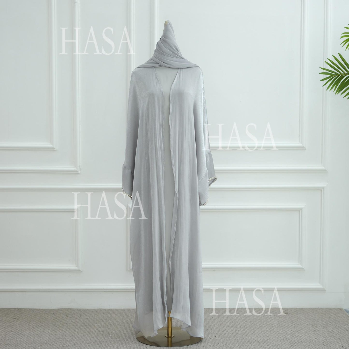 HS6553  Two-Piece Solid Abaya with Beaded Details and Matching Scarf Option