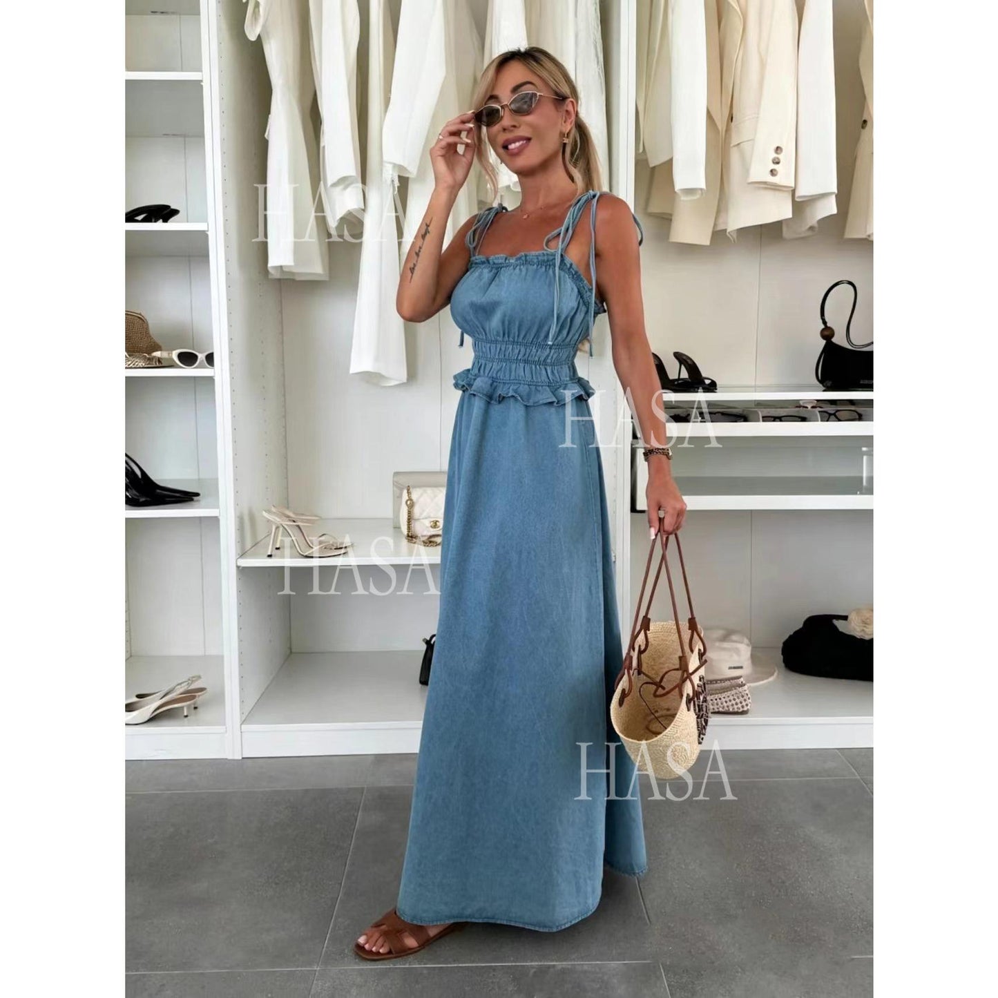 HASA HS6790 Chic Sleeveless Denim Maxi Dress with Flowy A Line Skirt
